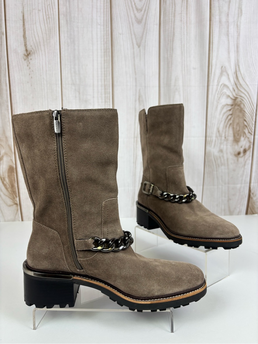 Vince Camuto Keshilla Suede Leather Chain Moto Chunky Boots Taupe Size 8.5 - Picture 2 of 14